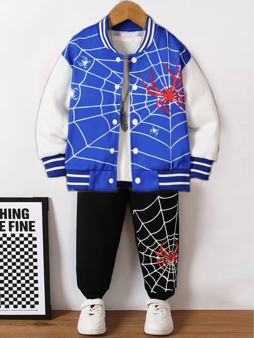 2pcs boys spider print long sleeve baseball jacket long pants set cool casual comfortable versatile outfits for spring and autumn outdoor wear as gifts