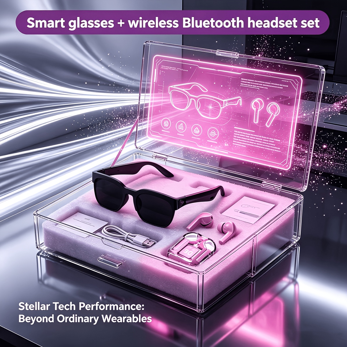 TEMU Ai Translation Smart Glasses + Wireless Headphones Combination, This Glasses Provide Real-time Translation And Support Multiple Languages. An
