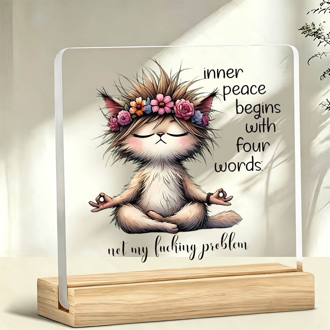 TEMU [2d Flat] 1pc Yoga Cat And "meditation Time" Slogan Decorative Plaque And Ornament Acrylic Stand Tabletop Decoration Office Desk Bar Decoration