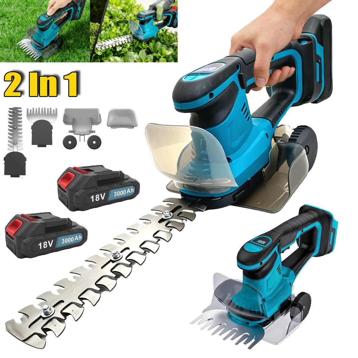 Heavy Duty Battery Hedge Trimmer, 2 In 1 Cordless Grass And Shrub Shears 400w With 3000 Mah Battery, 130 Mm Grass Shear Blade, 300 Mm Hedge Trimmer Blade, Garden Shears For Hedges And Lawns