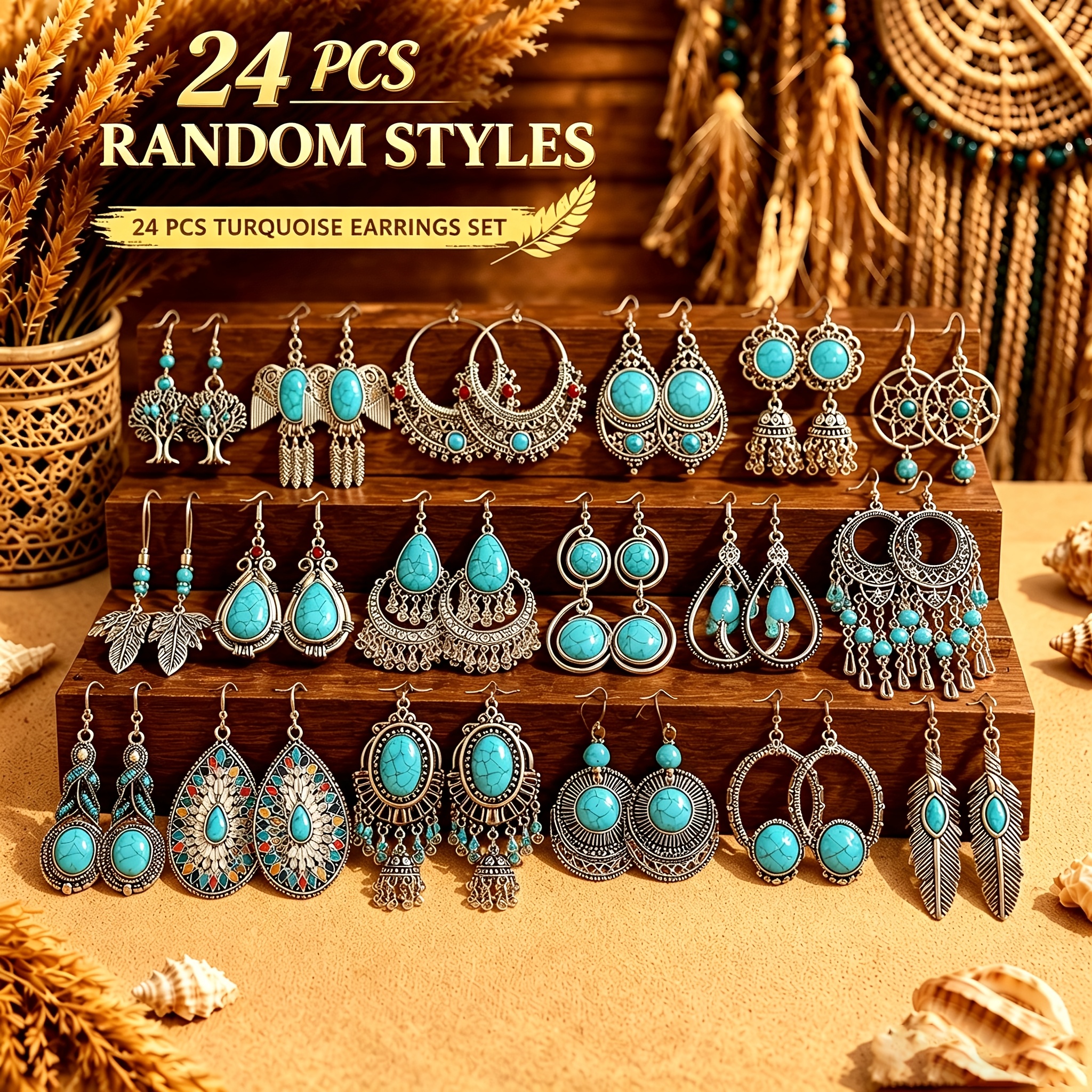 TEMU Random 24/16/6pcs Retro Bohemian-style Turquoise Earring Set. Features A Of Styles And Match, Perfect For Women's Casual Attire, Vacations,