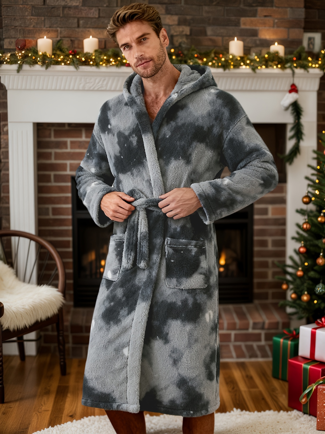 Men's Tie-Dye Coral Hooded Robe - Long Sleeve Kimono Sleepwear with Belt, Loose Fit Winter Robe for home, Spa & Outdoor, Warm Lined Jacket (Tie-Dye Pattern) - Machine Washable All-Season Wear