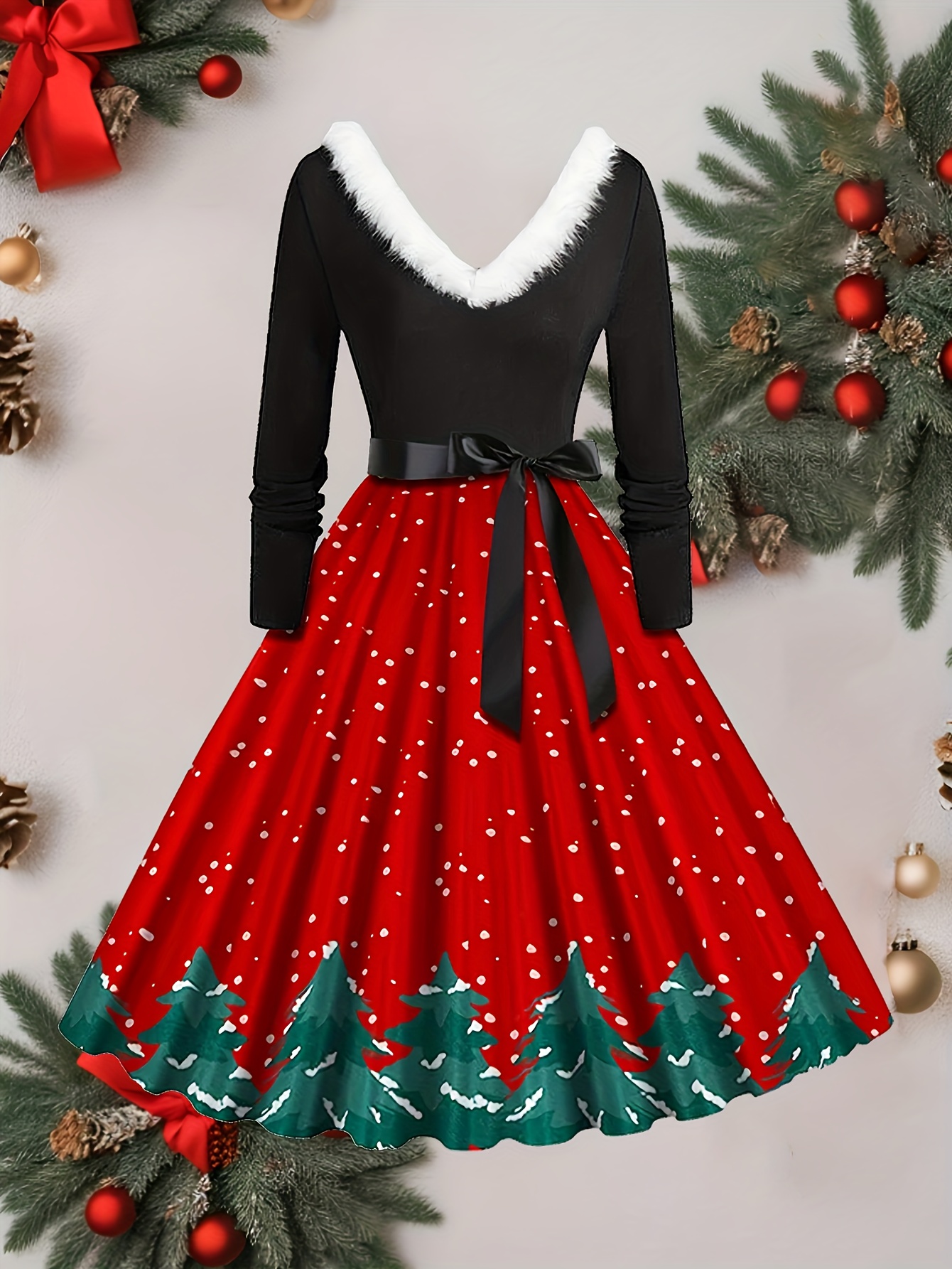 vintage christmas dress collar v neck line bell skirt - Temu Oman
