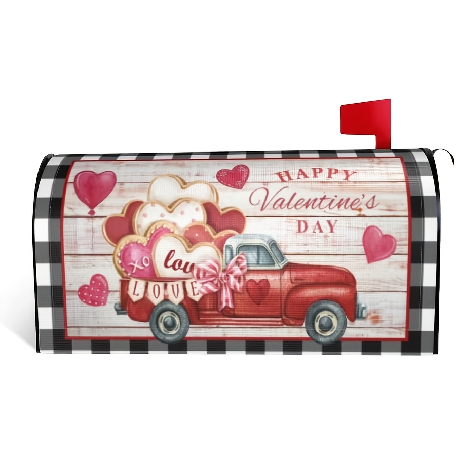 

1pc Vintage Valentine's Day Mailbox Cover - 18x21" , Linen, Featuring & With "happy Valentine's Day" Message, Black & White Checkered Background - Outdoor Garden & Yard Decor, Valentines Decorations