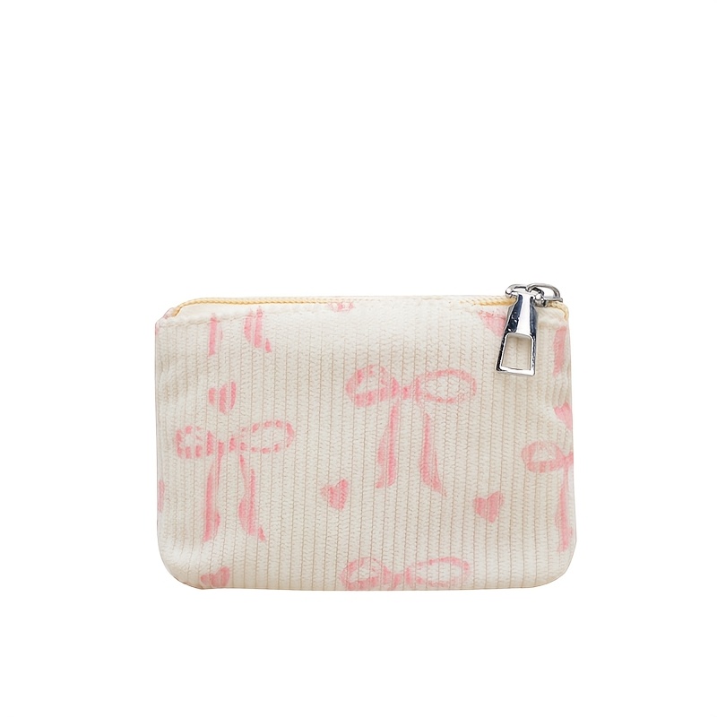 TEMU 1pc Japanese/korean Vintage Style Corduroy Mini Coin Purse With Bow And Heart Print, A Portable Travel Organizer Bag Suitable For . Made Of