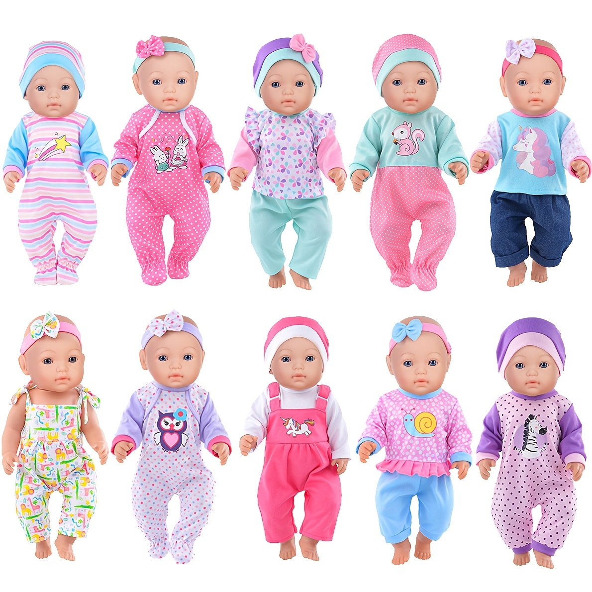 

10 Sets Mixed Color Polyester Doll Clothing And Accessories, Includes Rompers And Outfits For 14-16 Inch And 17 Inch Baby Dolls (doll Not Included)