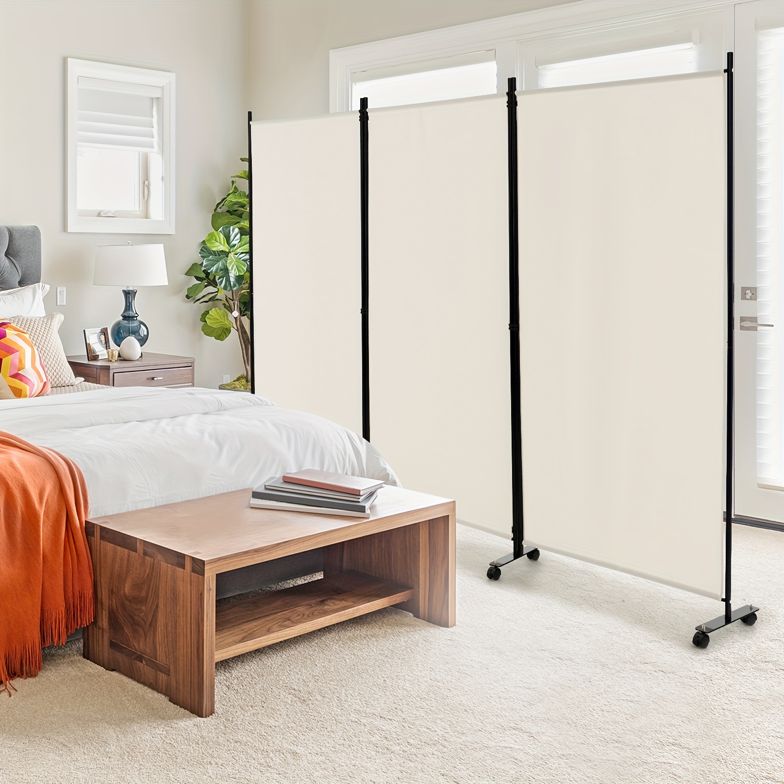 

1pc 3-panel Wood Room Divider, 6.5ft Rolling Privacy Screen With Lockable Wheels, Foldable Partition Wall, White, For Home And Office Use, Home Decor