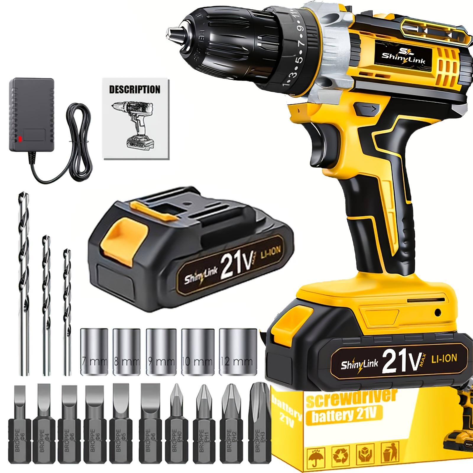 TEMU 21v Cordless Impact Wrench Wireless Drill Set, Brushless Electric Impact Gun Drill, Toolbox, Charger, Socket, And Full Accessory Set. | For The