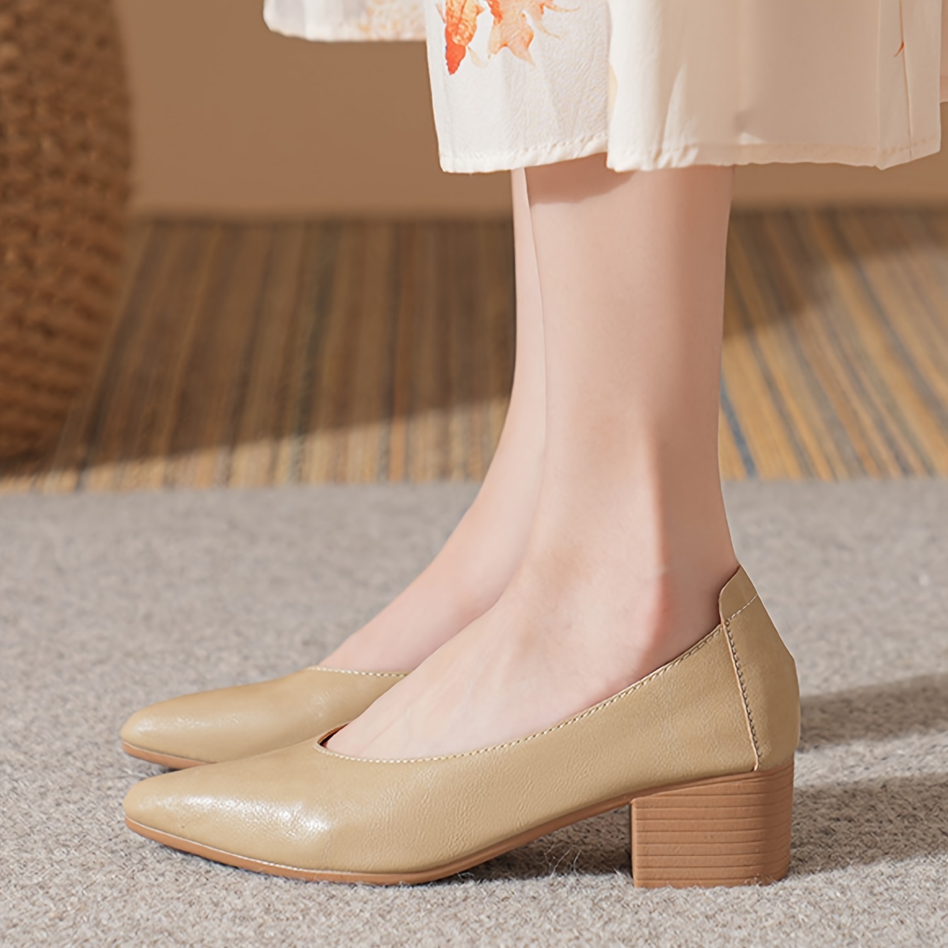 TEMU Chic Apricot Women's Chunky Heel Pumps - Comfortable Pointed Toe, Slip-on Cover Work Shoes With Non-slip