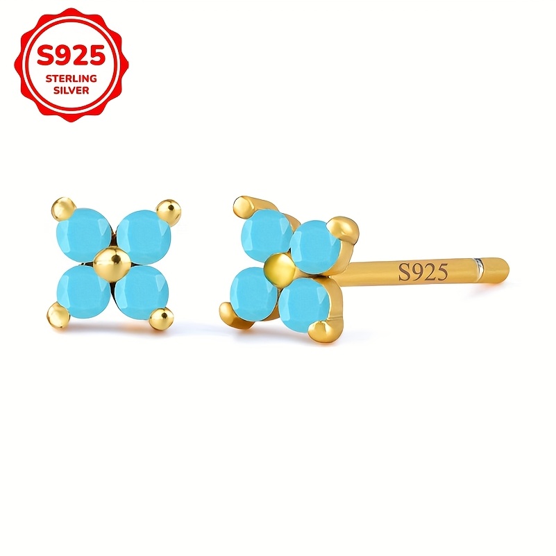 925 Sterling Silvery Hypoallergenic Ear Jewelry Synthetic Turquoise Decor Stud Earrings Elegant Easy Style Trendy Female Gift
