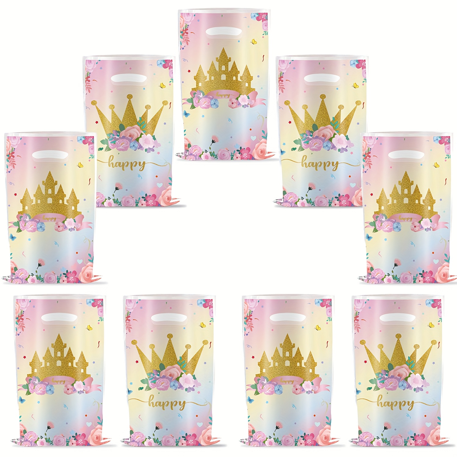 

30pcs Floral & Castle Design Gift Bags With Golden Crowns - , Blue & Yellow Plastic Party Favor Bags For Birthdays, Anniversaries, Bridal - "happy" Themed Candy Bags, Small Gift Bags