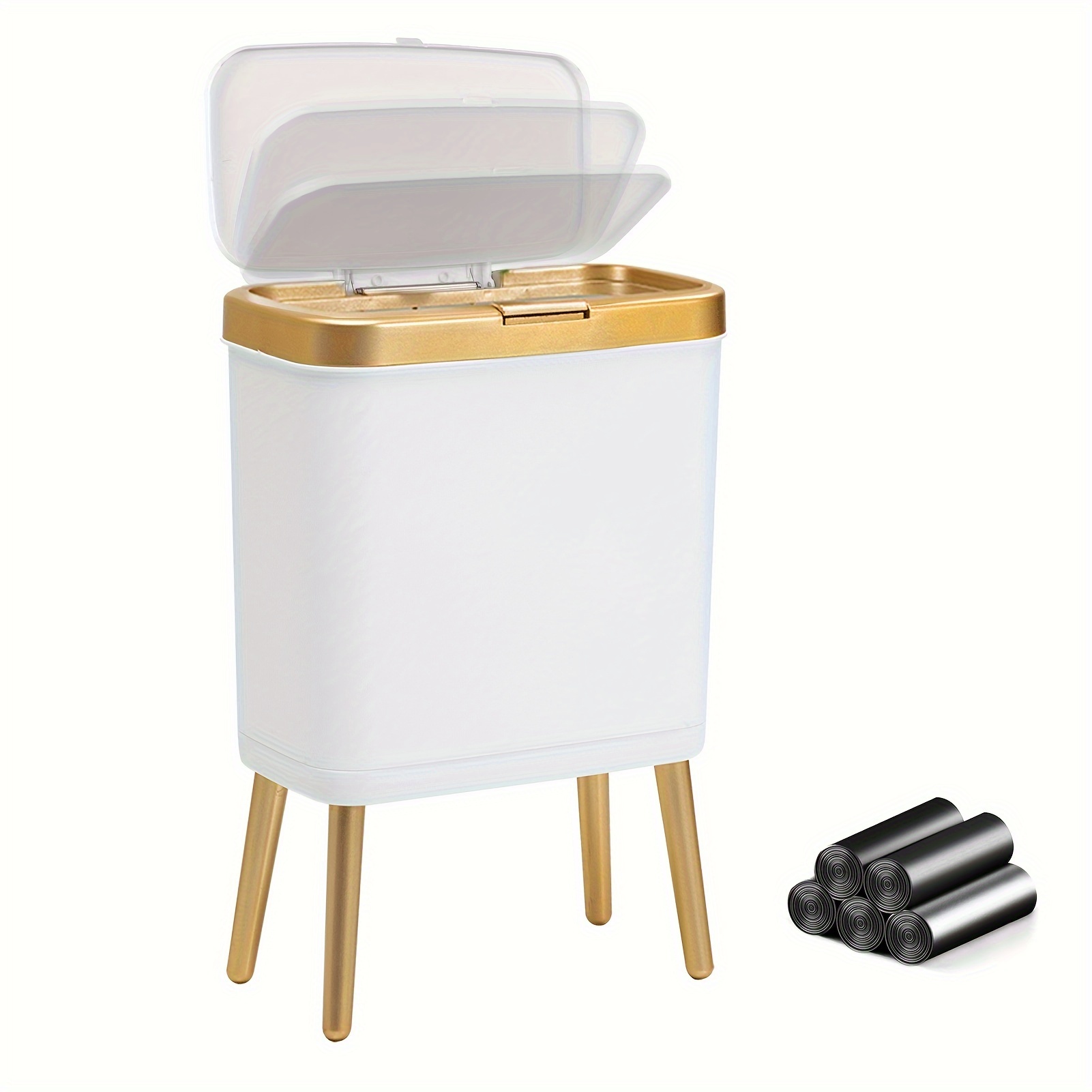 

Bathroom Trash Can With Lid, 4 Gallon Slim Garbage Can With High Foot, Dog Proof Trash Can With Press-top, Modern White And Golden Trash Bin, Decorative Waste Basket For Bedroom (1, Hf-white)