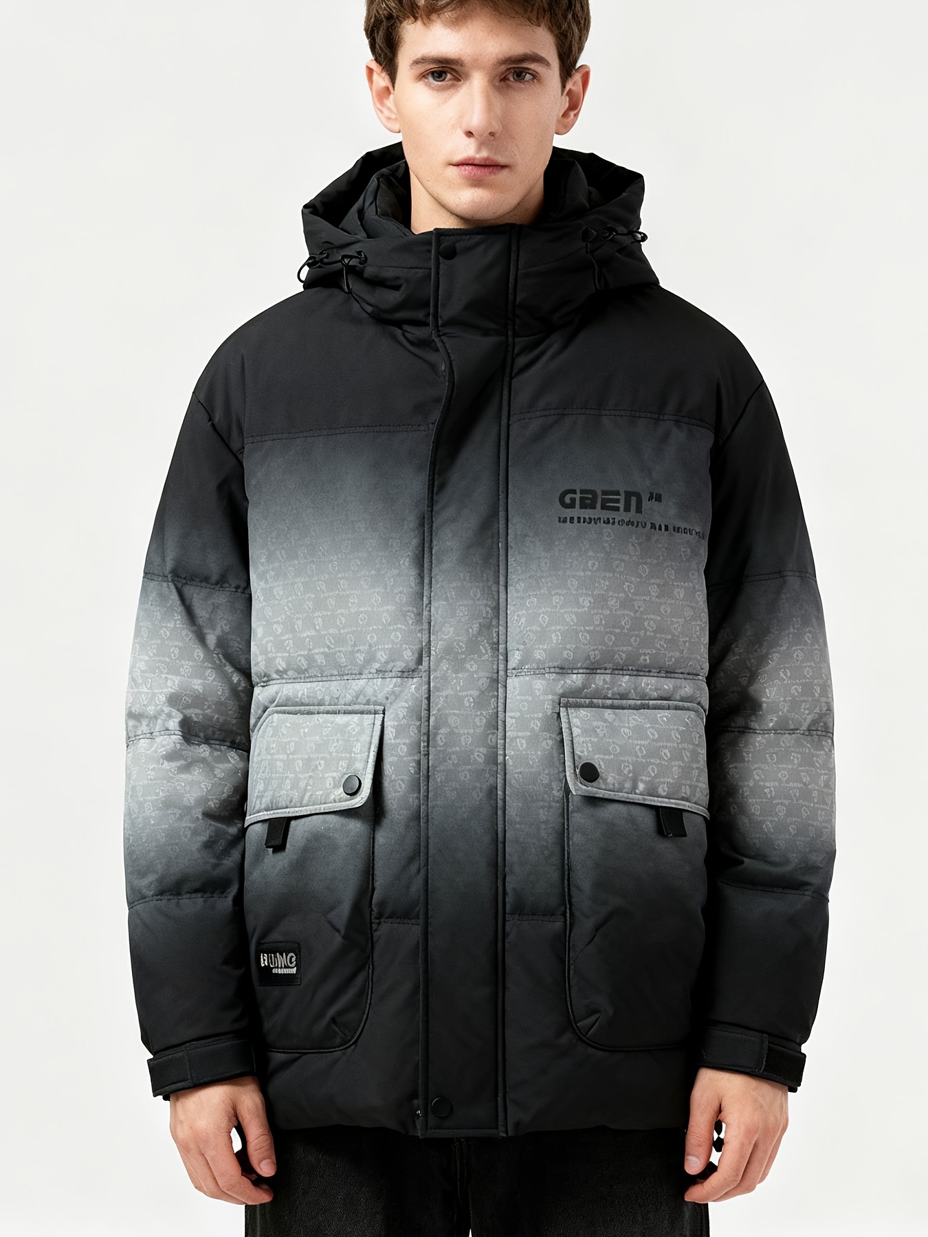 Men's Thick Warm Hooded Down Jacket, Gradient Design