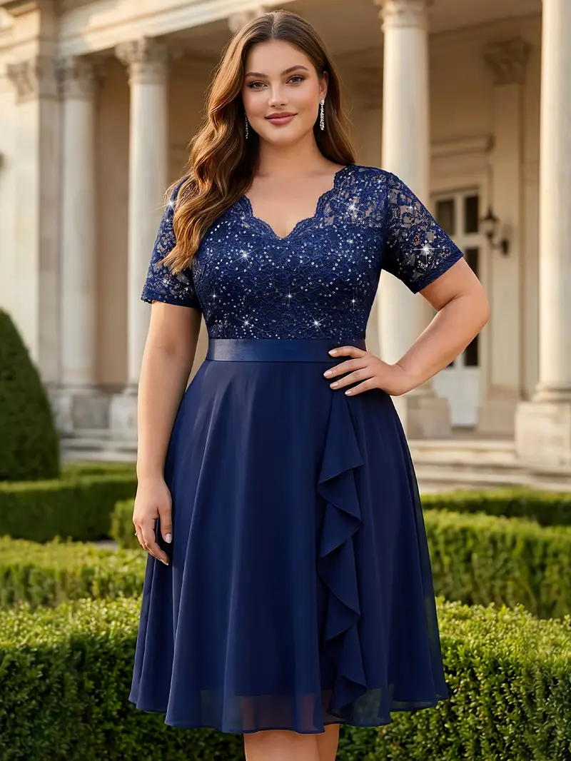 Plus Size - Plus Size - New Popular Elegant Sequin Lace V-Neck Chiffon Ruffle Trim Evening Party Swing Dress, Wedding Guest Dress, Summer Dress, for ... Plus Size - Plus Size - New Popular Elegant Sequin Lace V-Neck Chiffon Ruffle Trim Evening Party Swing Dress, Wedding Guest Dress, Summer Dress, for ...