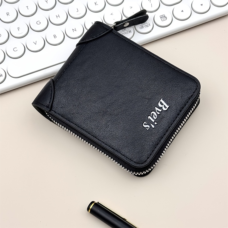 Men' Leather Zipper Wallet - Casual Retro Style, Large Capacity Card Holder With Transparent Id Slot, Geometric Pattern, Black For Work And Daily Commuting