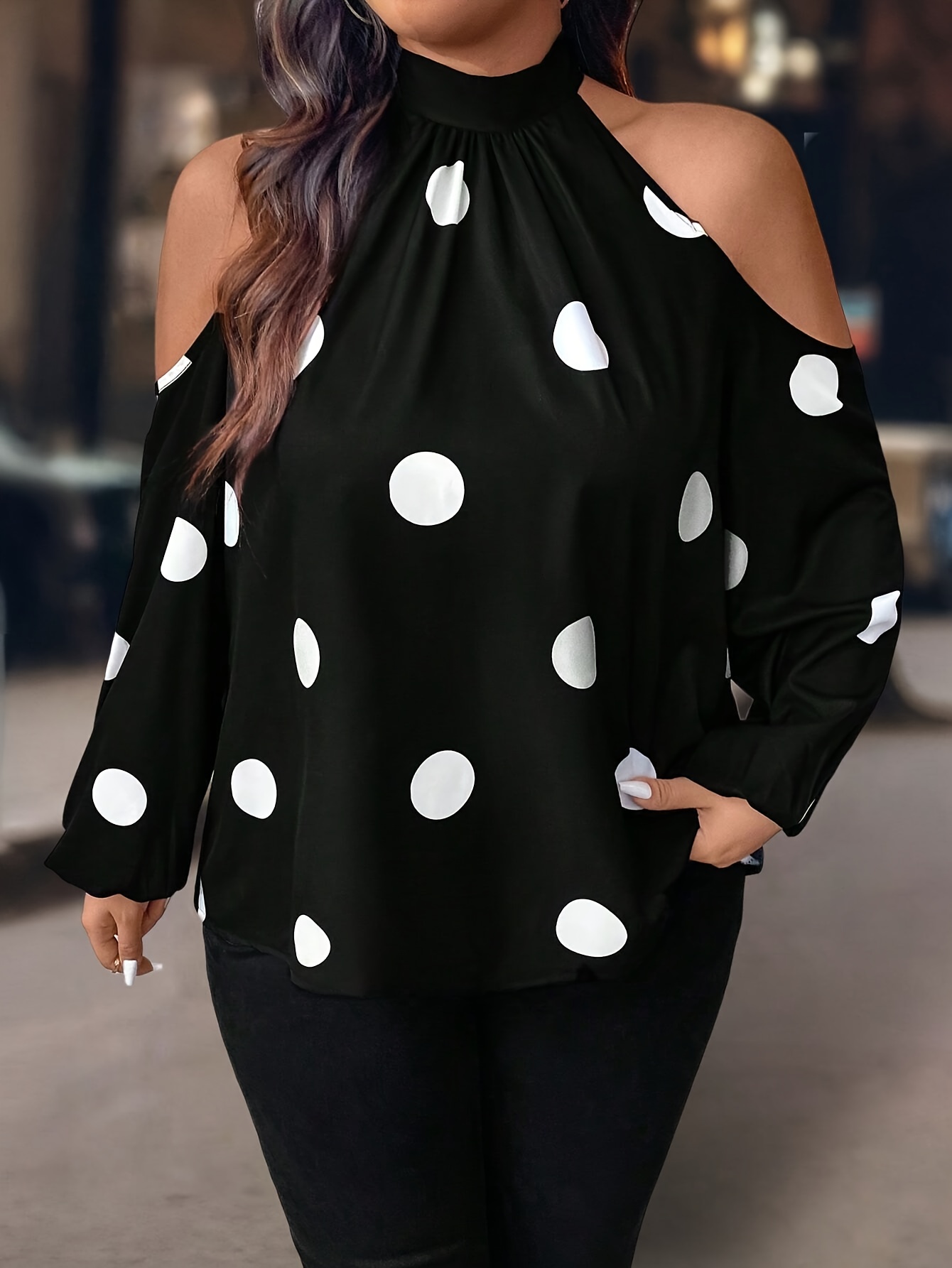 high neck polka dot blouse