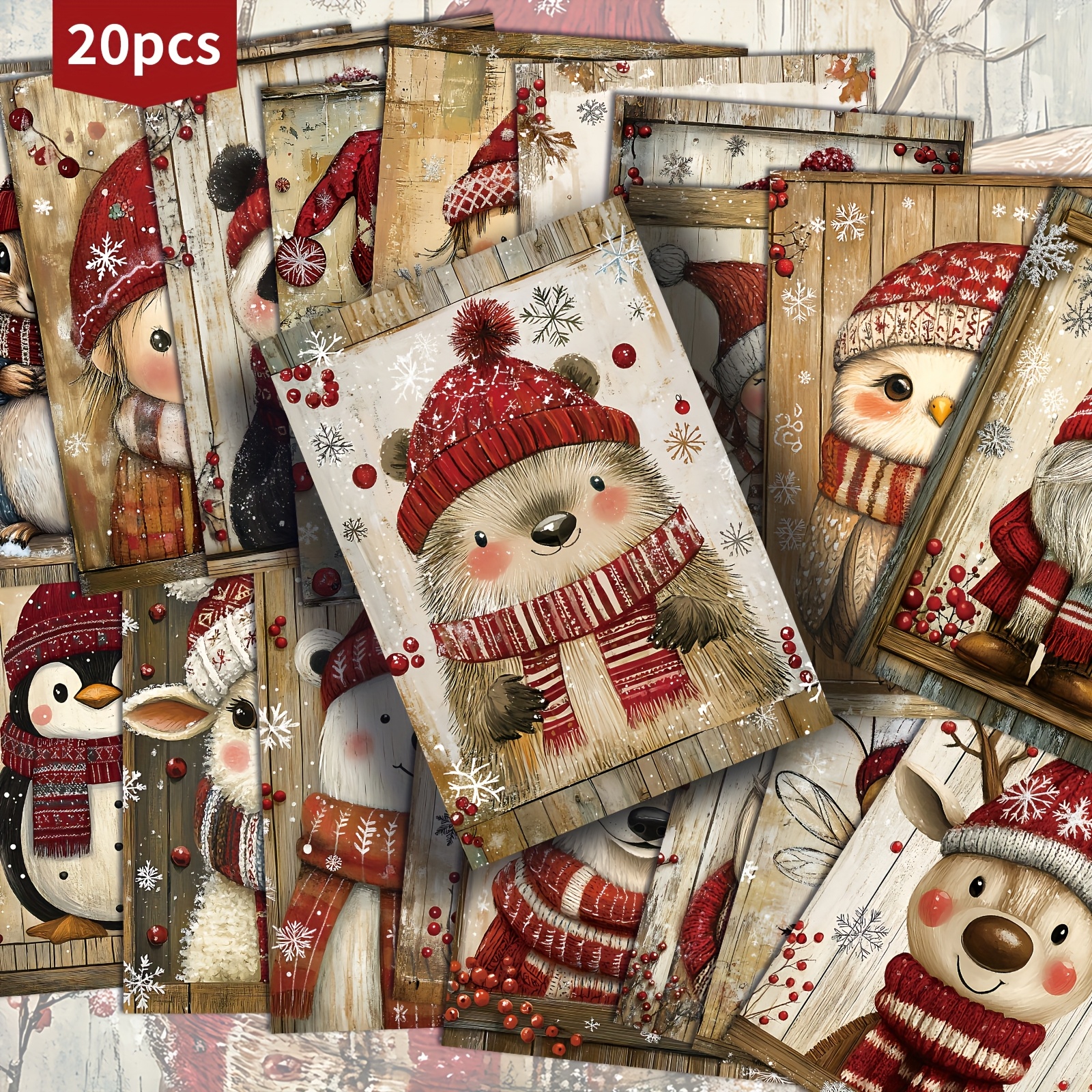 TEMU Set Of 20 Vintage-style Christmas Animal Postcards Measuring 4x6 Inches, Featuring Retro Pinup Art, Scrapbooking And Crafting