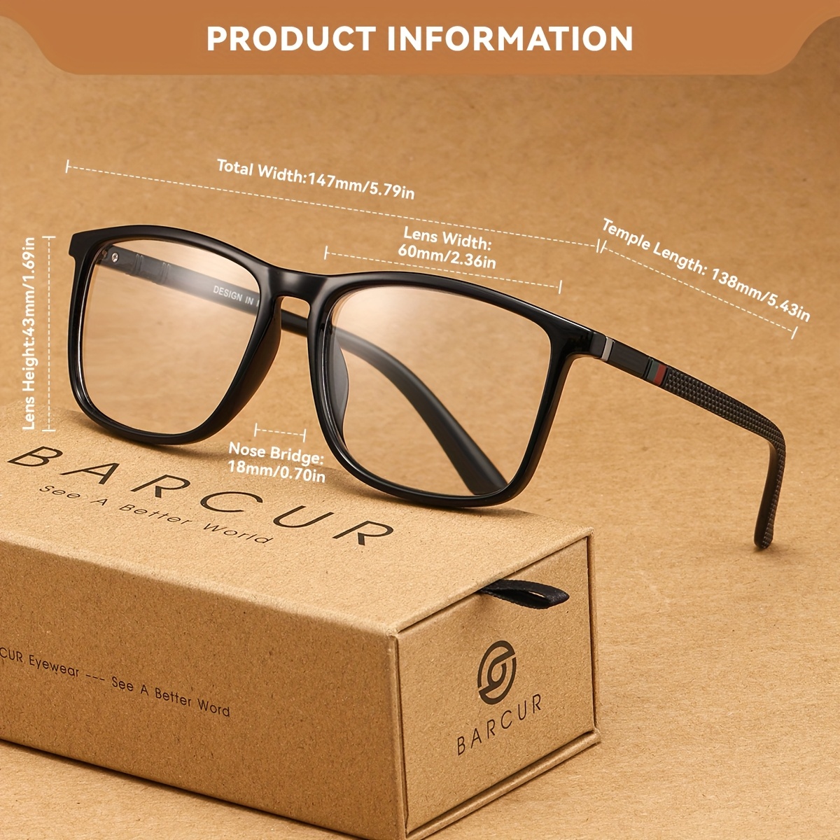 BARCUR Vintage Contemporary Style, Stylish Square Eyeglasses for Men, PC Frame to Improve Visual Clarity, Ideal for Reading, Studying, And Office Use, Perfect for Gifting - Image 3