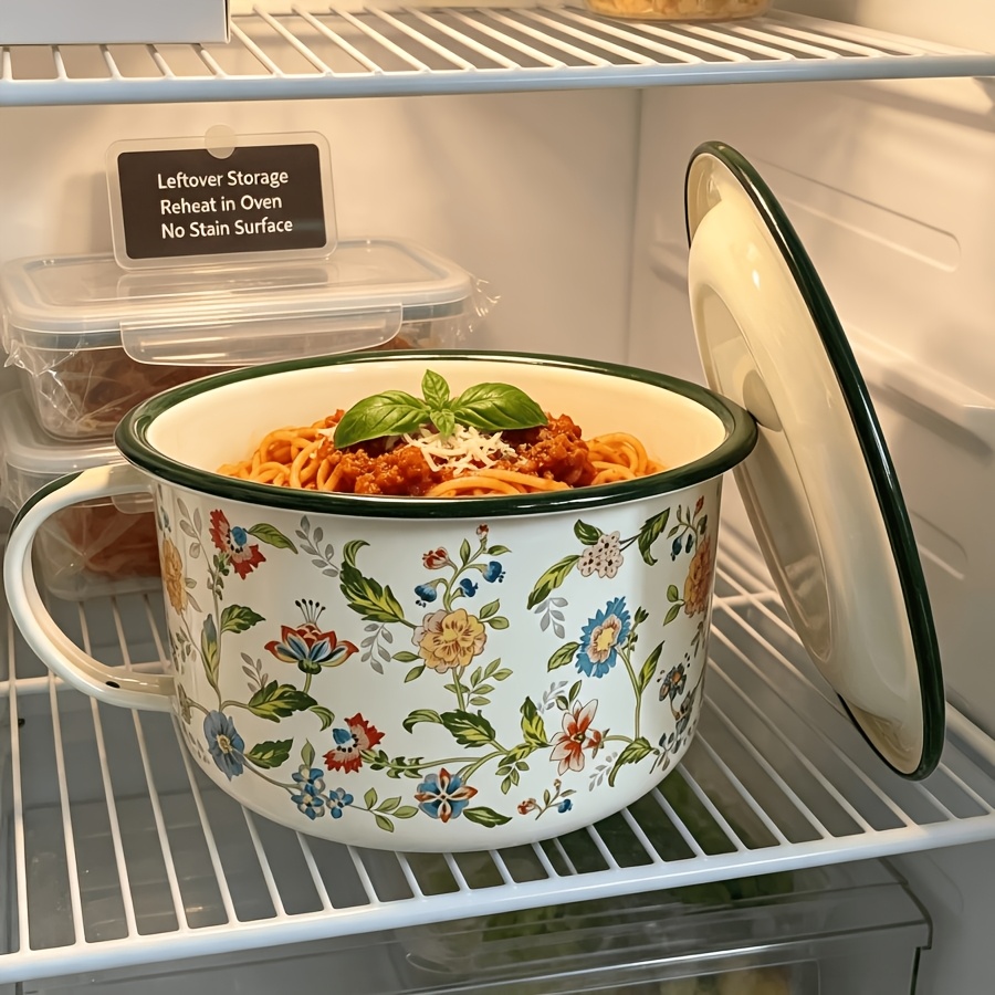 TEMU 2pcs (enamel Bowl And Matching Lid)enamel Storage Bowl With Handle, Vintage Bowl For Fridge Storage, Food Grade Enamelware For Meal Prep,