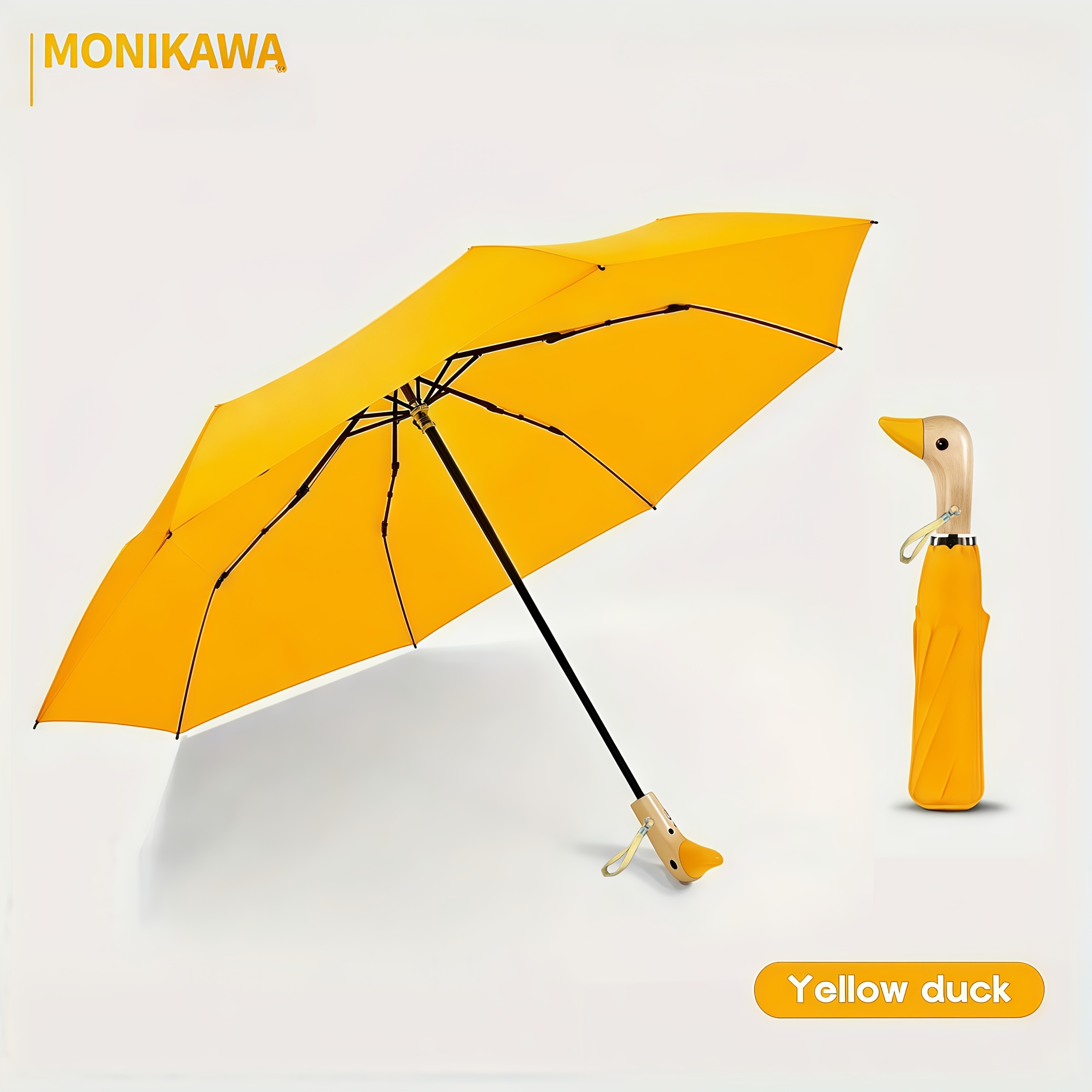 Image of Small Yellow Duck Three-fold 8-rib Folding Umbrella, Duck-shaped Umbrella, Wooden Handle, Family-use Umbrella, Christmas, Halloween, New Year Gift