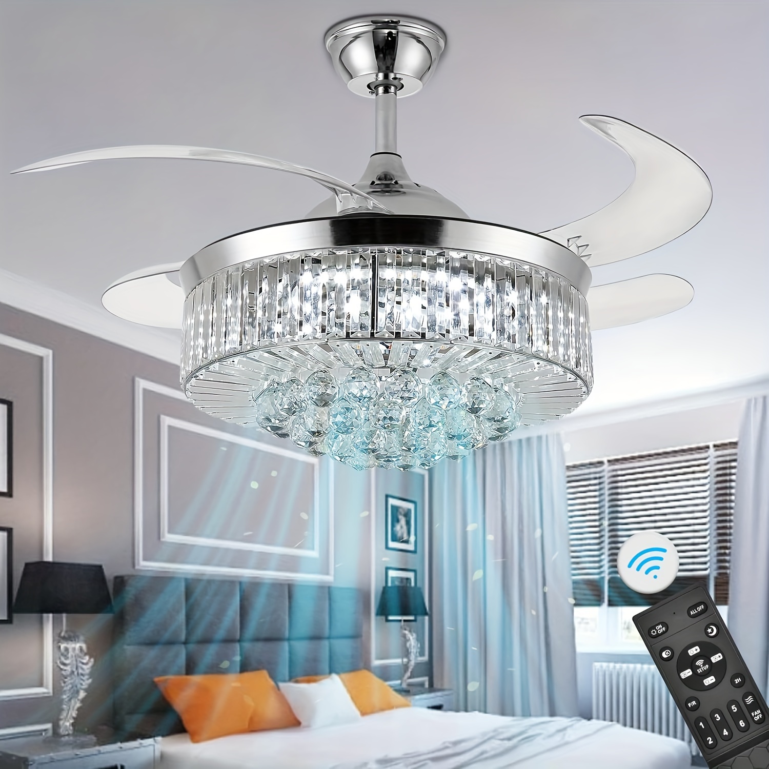 TEMU Invisible Ceiling Fan Light, Modern Crystal Ceiling Fan Light, Bedroom, Living Room, Dining Room Decoration