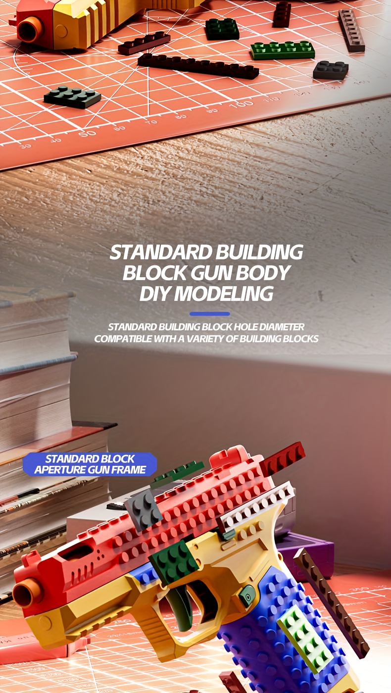 an   model of a building block gun featuring a realistic   system this safe and non toxic stem toy requires no batteries and   in a vibrant red yellow and blue color scheme making it   christmas birthdays Product details 1