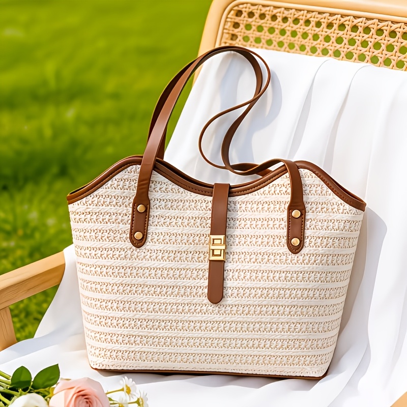 TEMU Bolso de para mujer de color liso, de paja a con diseño de empalme de contrastantes, bolso tote versátil de gran capacidad, estilo pastoral