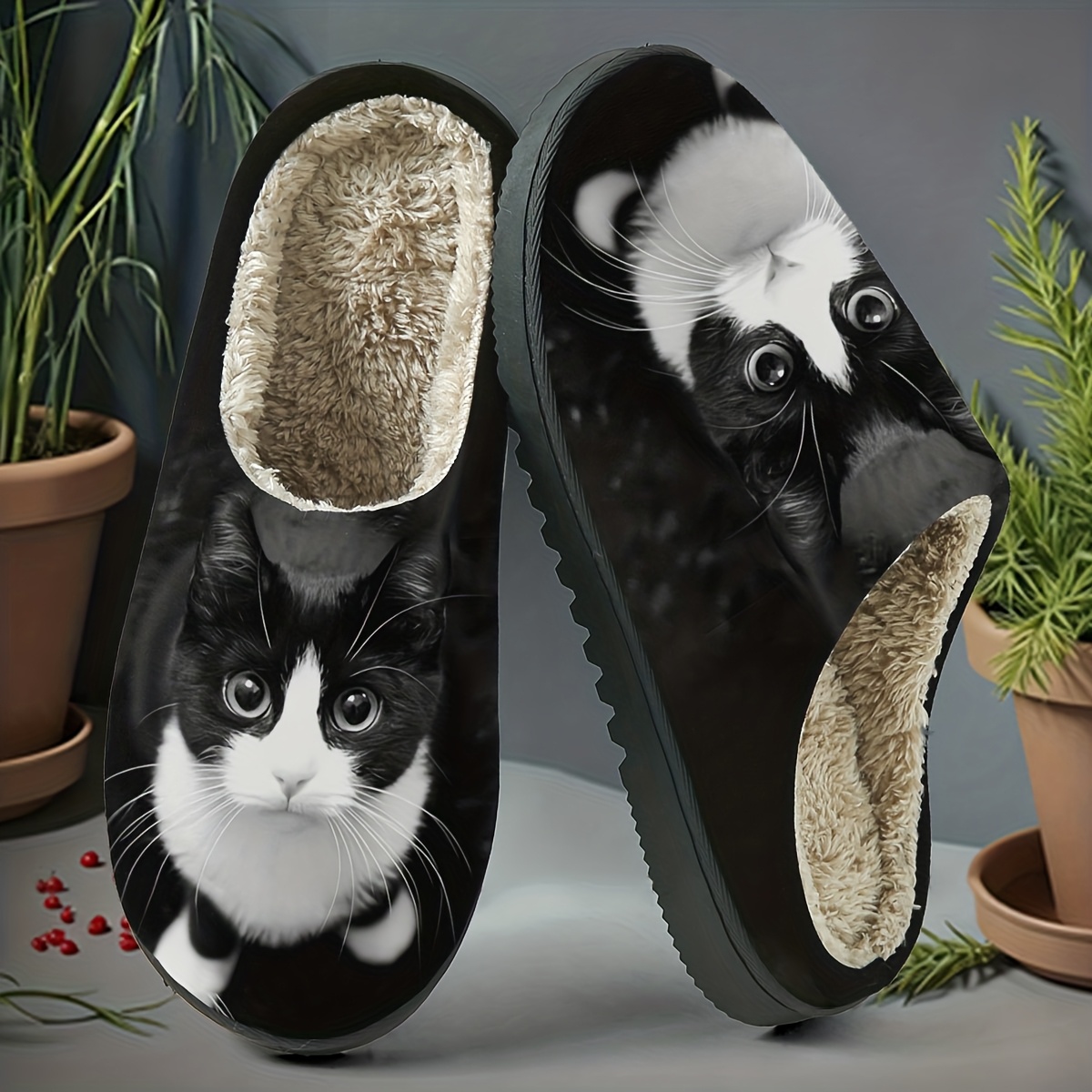 Image of Cute Black And White Cat Home Slippers. Slippers Feature A Black And White Cat With Big, Round, -looking Eyes. A Soft, Warm, And Gentle Feel , Making Them A Soft, Skin-friendly, And Essential.