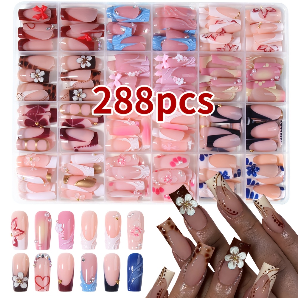 Image of 288pcs Medium-long Square Nail 3d Stereoscopic Sunburn Leopard Print Glitter Diamond Bowknot Press-on Nail Combination Set, Finished Manicure Detachable Fake Nails Acrylic Nails False Nails