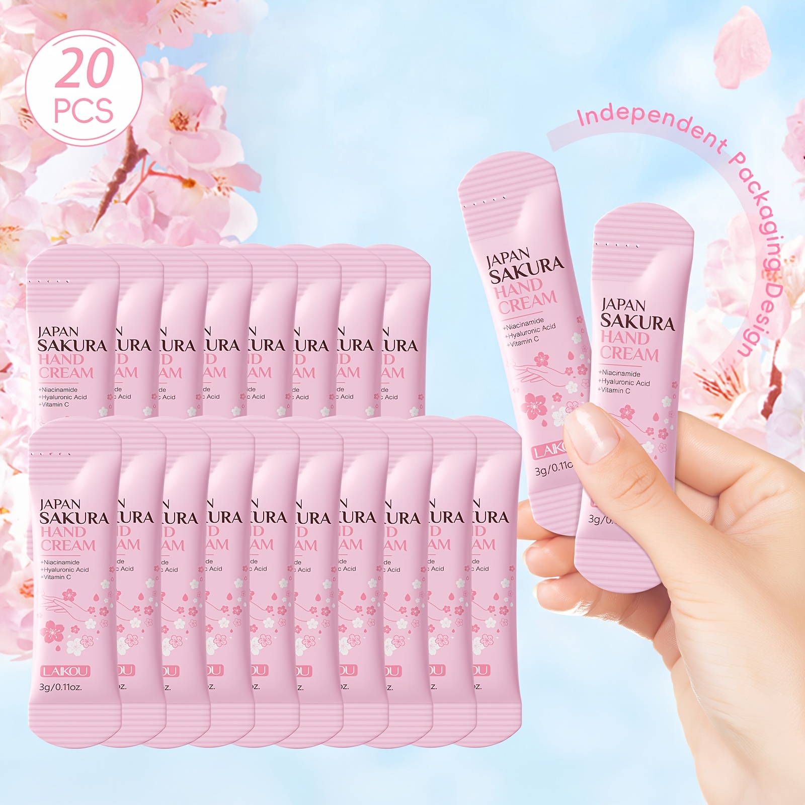 Image of Laikou 20pcs Japan Sakura Hand Cream - Hypoallergenic, Moisturizing With Glycerin And Vitamin C - Travel-friendly, Hydrating Dry Skin, Valentine's Day Gift Option
