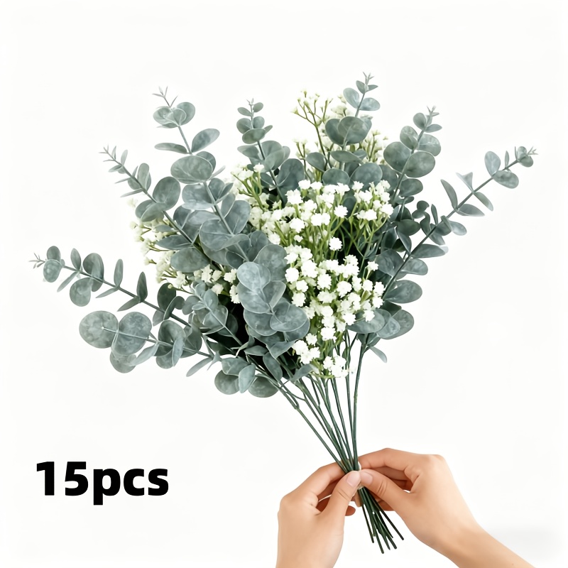 Image of 15 Artificial Eucalyptus Branches + Gypsophila Arrangement, Green And White Gypsophila, Silvery Leaf , Outdoor Simulation Flower Artificial Production, Wedding Decoration, Flower Arrangement
