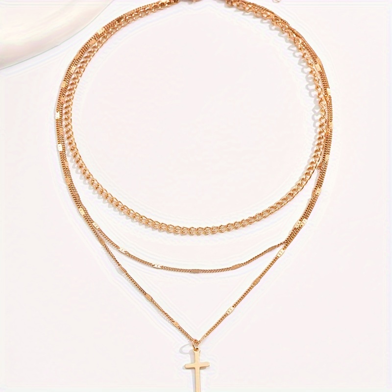 1pc Round Pendant Chain Cross 3 Layer Necklace Versatile Clavicle Pendant Chain