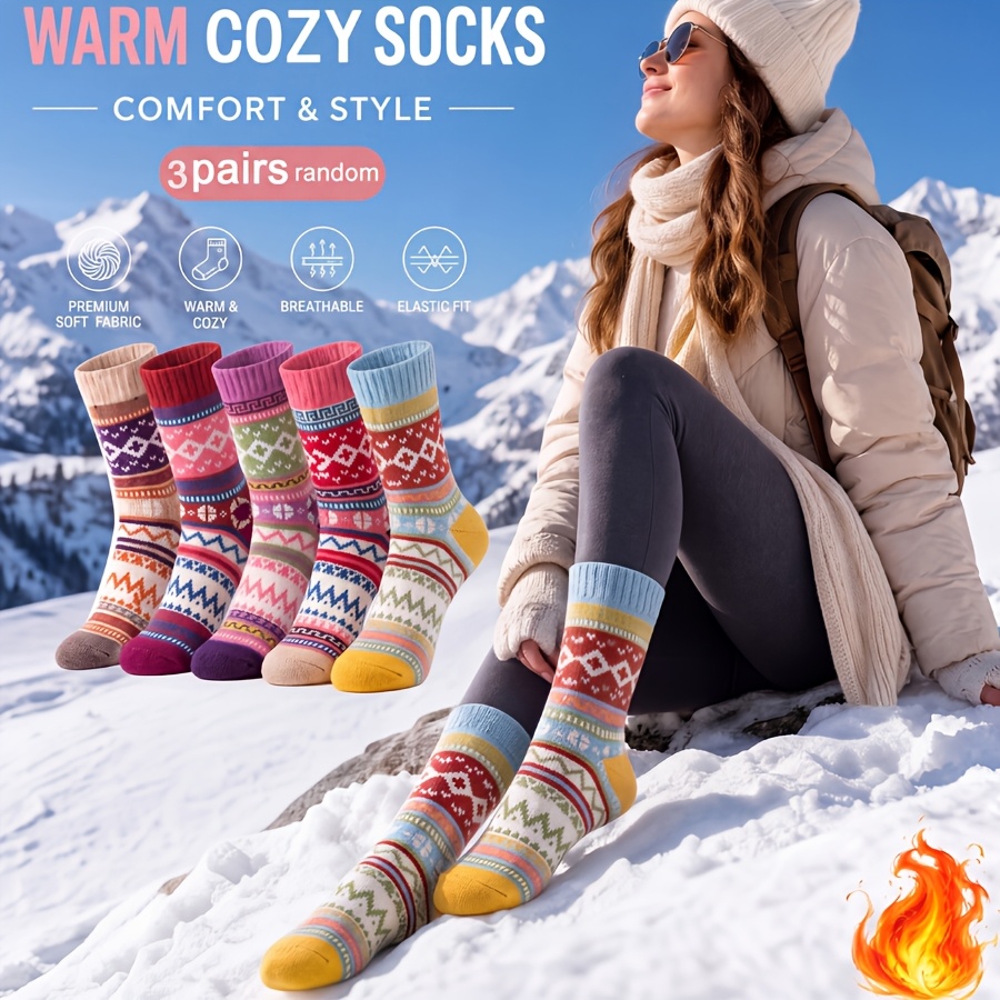 TEMU 3-pair Random Assortment Women's Thermal Socks, Autumn/winter Chunky Yarn Socks, Vintage Ethnic Style Fashionable Warm Versatile Outdoor Casual