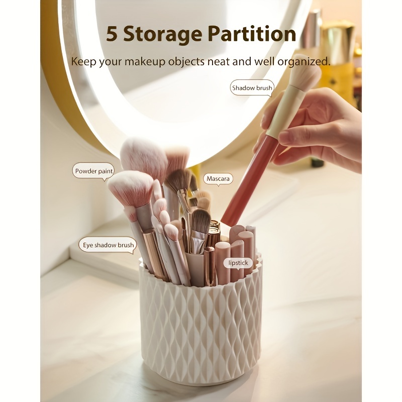 360 rotating makeup brush holder with transparent dome lid dustproof waterproof white hexagonal organizer   countertop storage for brushes skincare products durable plastic vanity organizer with 360 spin no power required bathroom dressing table organizer Product details 3