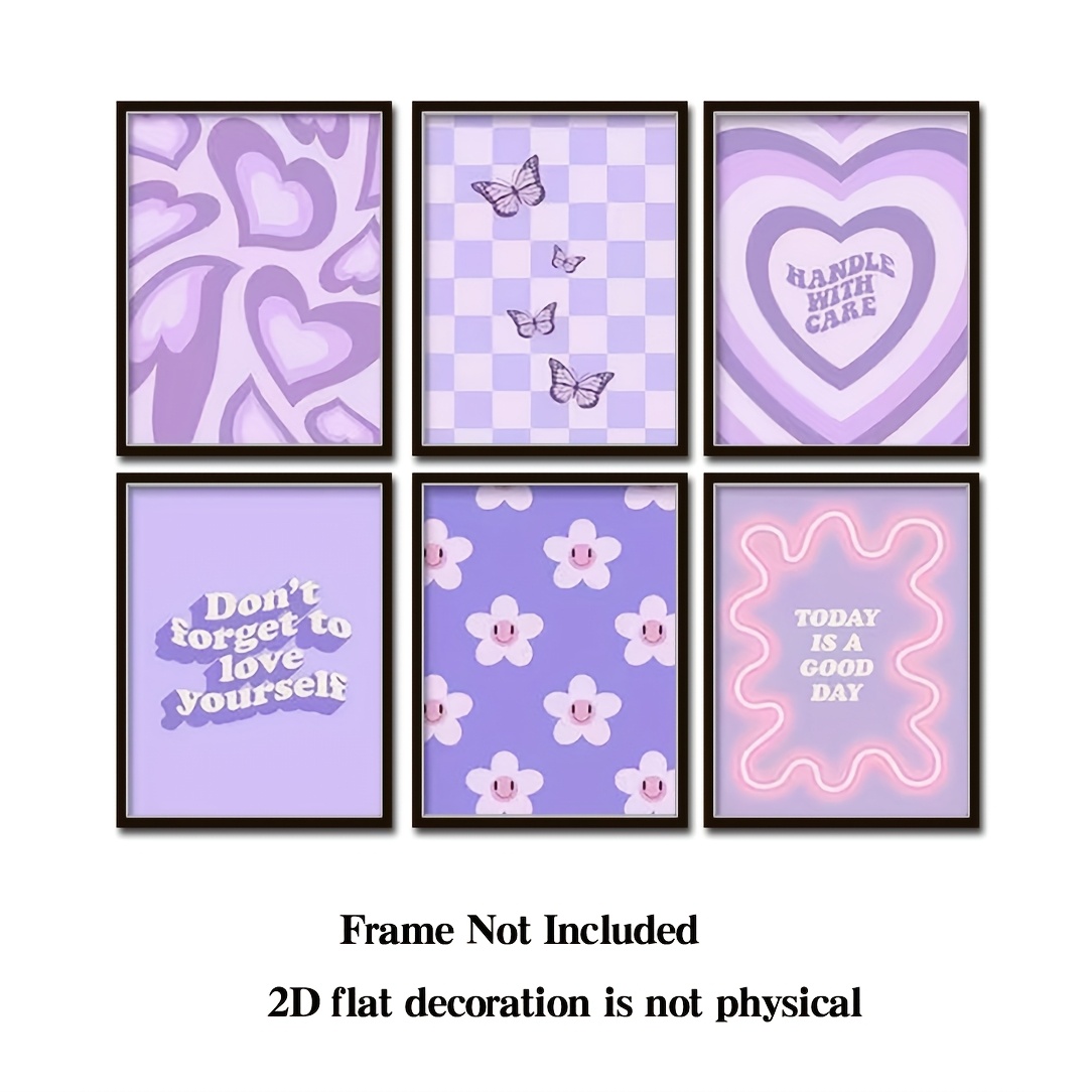 Image of 2d Flat, 2d Flat Wall Decoration Poster No Frame 6pcs Purple Retro Danish Pastel Poster Aesthetic Room Decor, Decor Positive Quote Today Is Wall Art Neon 8 X 10 Inches, 2d Flat