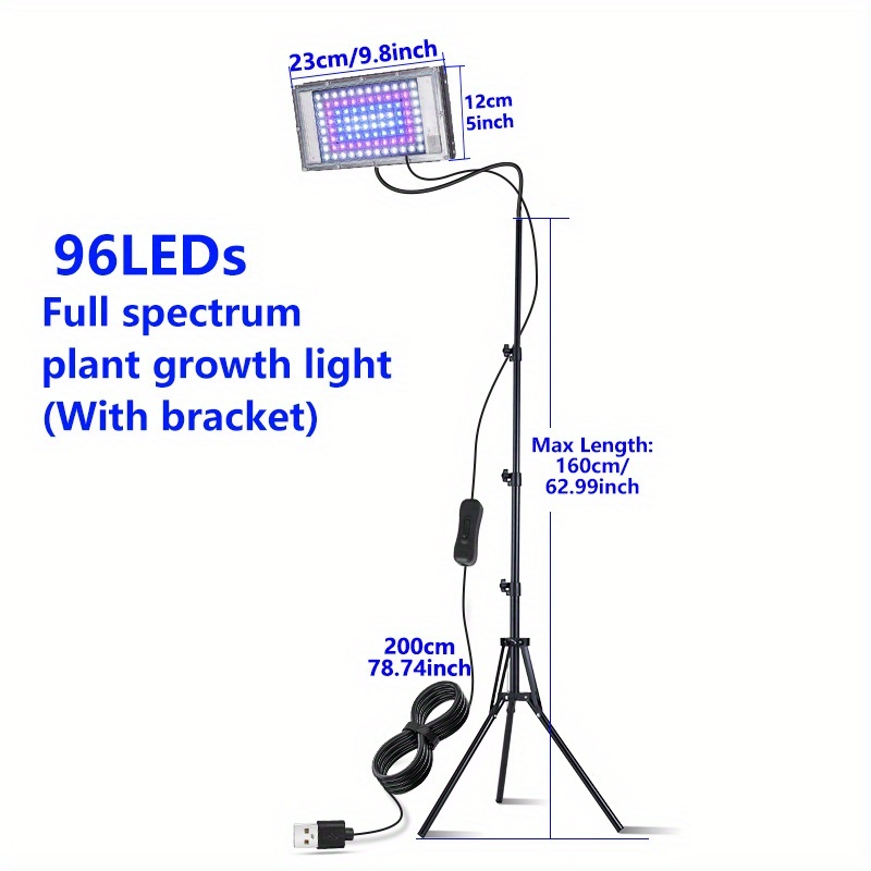 E-shop USB Wachstumsleuchte mit Stativ, Vollspektrum-Sonnlicht, 360° verstellbarer Schwanenhals, 96/144 LED Pflanzenlampen für hohe Pflanzen,