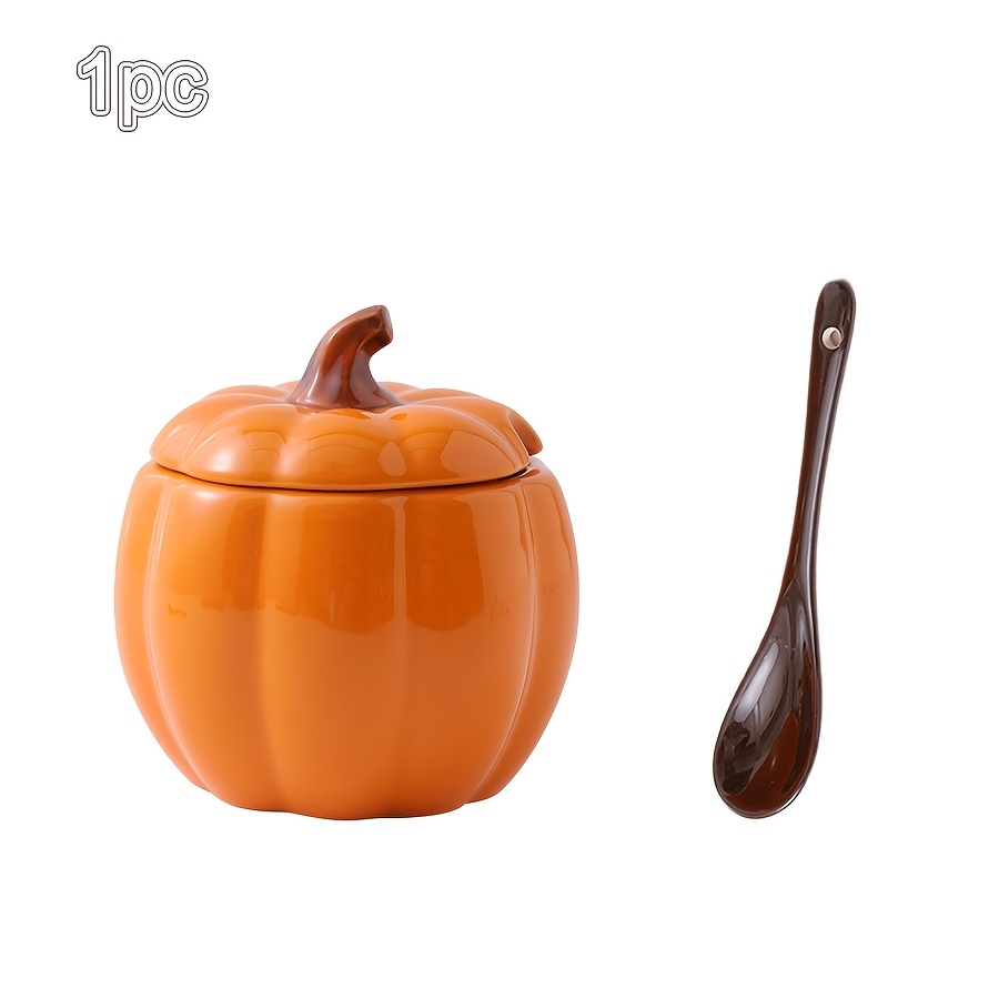 TEMU 1pc 12oz Novelty Pumpkin Shaped Sugar Bowl With Lid And Spoon, Cute Fall Ceramic Container For Salt, Pepper, Spices, And Sugar, Ideal For Coffee