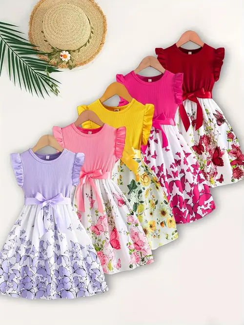 5pcs set of girls dresses with sweet and puff decoration sleeveless dress with bow belt casual and fashionable dress for children
