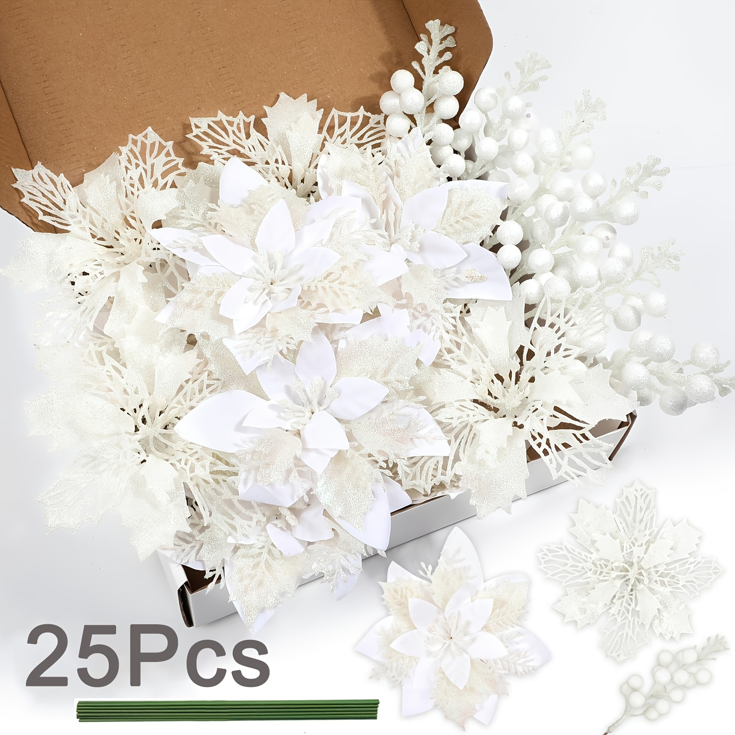 25pcs Artificial Flower Garland Set With Pole - Stems, Realistic Christmas Branch Decorations, Durable Plastic Flowers For , Thanksgiving & Party Decor (25-stem Set)