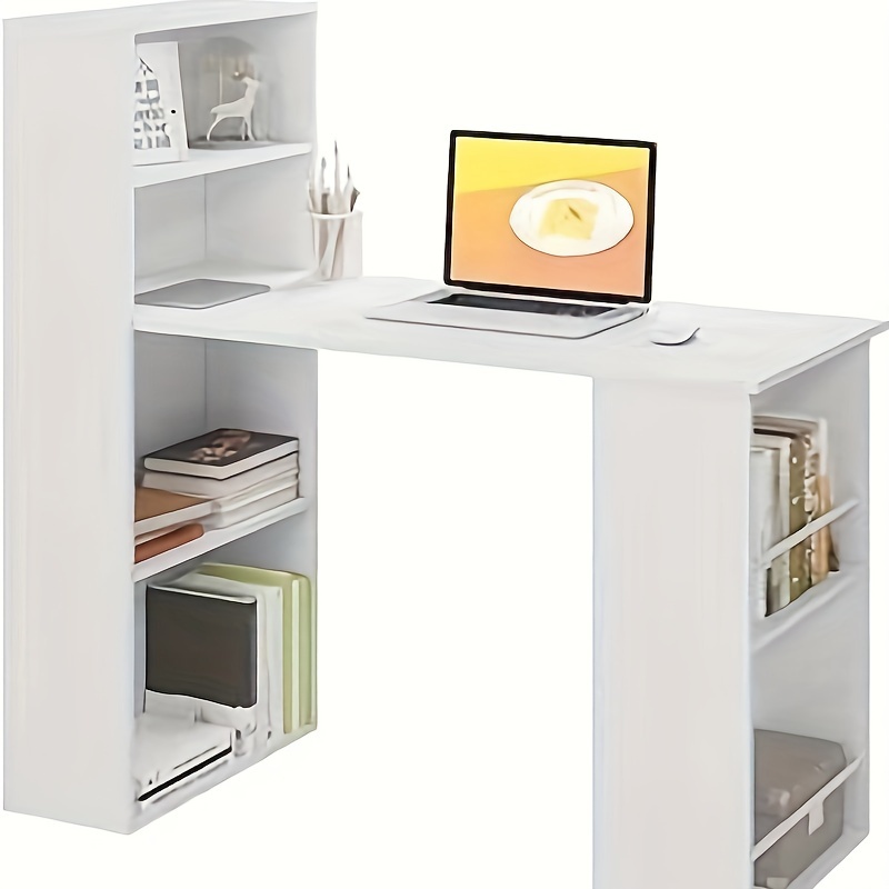 Image of 1pc 120cm Computer Desk, Family Desk With Bookshelf, Storage Shelf, Study Desk, Modern Desk, Computer Desk, Tiltable, White, Light Woodlook, 122x55x120cm