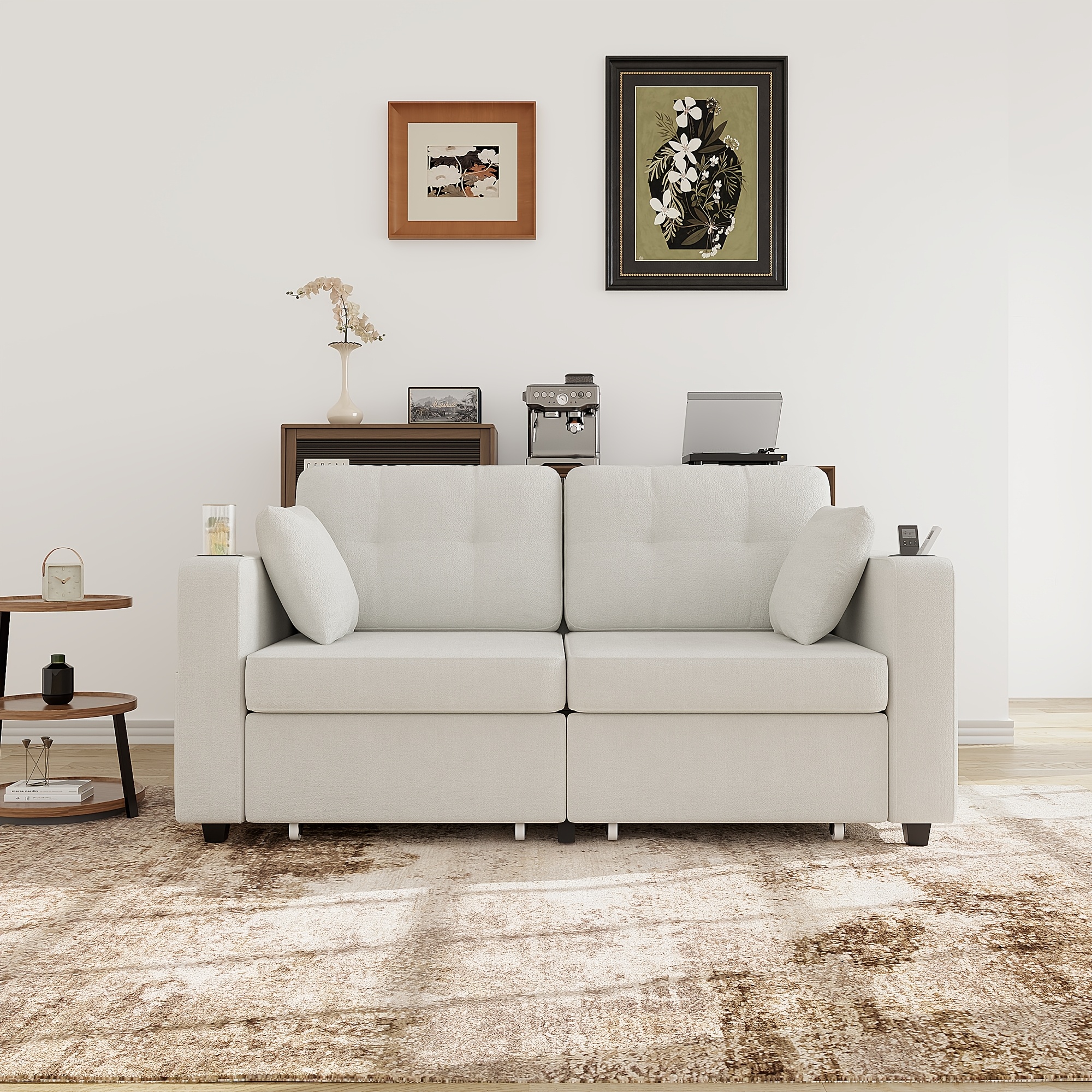 Image of Large Double Sofa With 2 Large Storage Drawers, With Cup Holder And Side Pockets, Casual Sofa With Hidden Storage Compartment, Suitable For Bedroom, Living Room