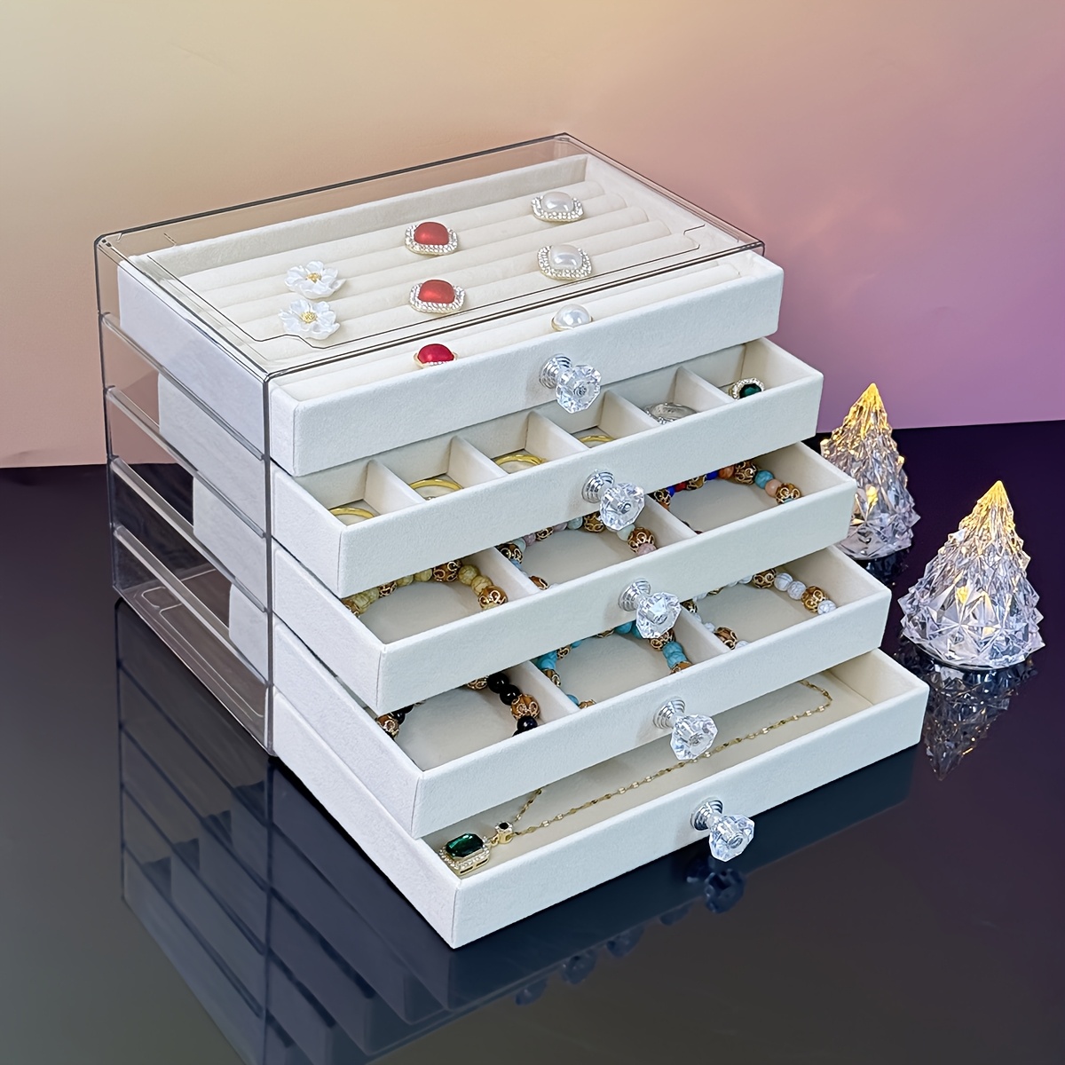 5 tier jewelry organizer box with transparent lids soft fabric lined compartments beige contemporary desktop storage for rings bracelets necklaces durable plastic multi use display case jewelry organizer storage polished   clear lid design jewelry boxes Product details 7