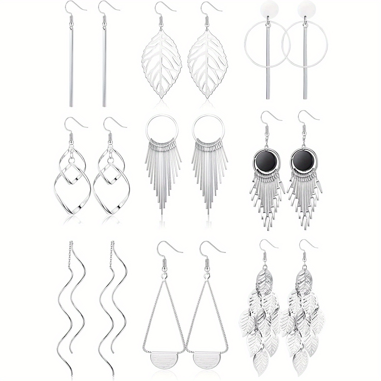 Image of 9 Pair Hanging Earrings Set For Ladies S - Hypoallergenic Stainless Steel Fashion Jewelry Silvery/ Golden Wave Leaf Tin Earrings