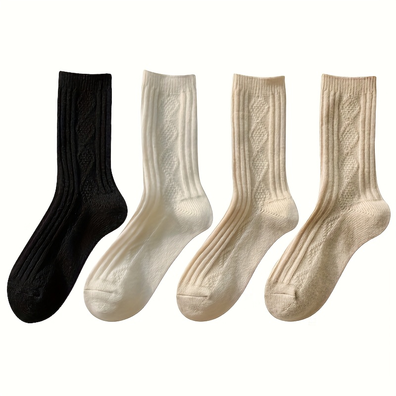 TEMU 4-pair Large Rhombus Plush Socks For Women, Winter Thickened Warm Socks, Solid Color Simple And Versatile Plush Socks