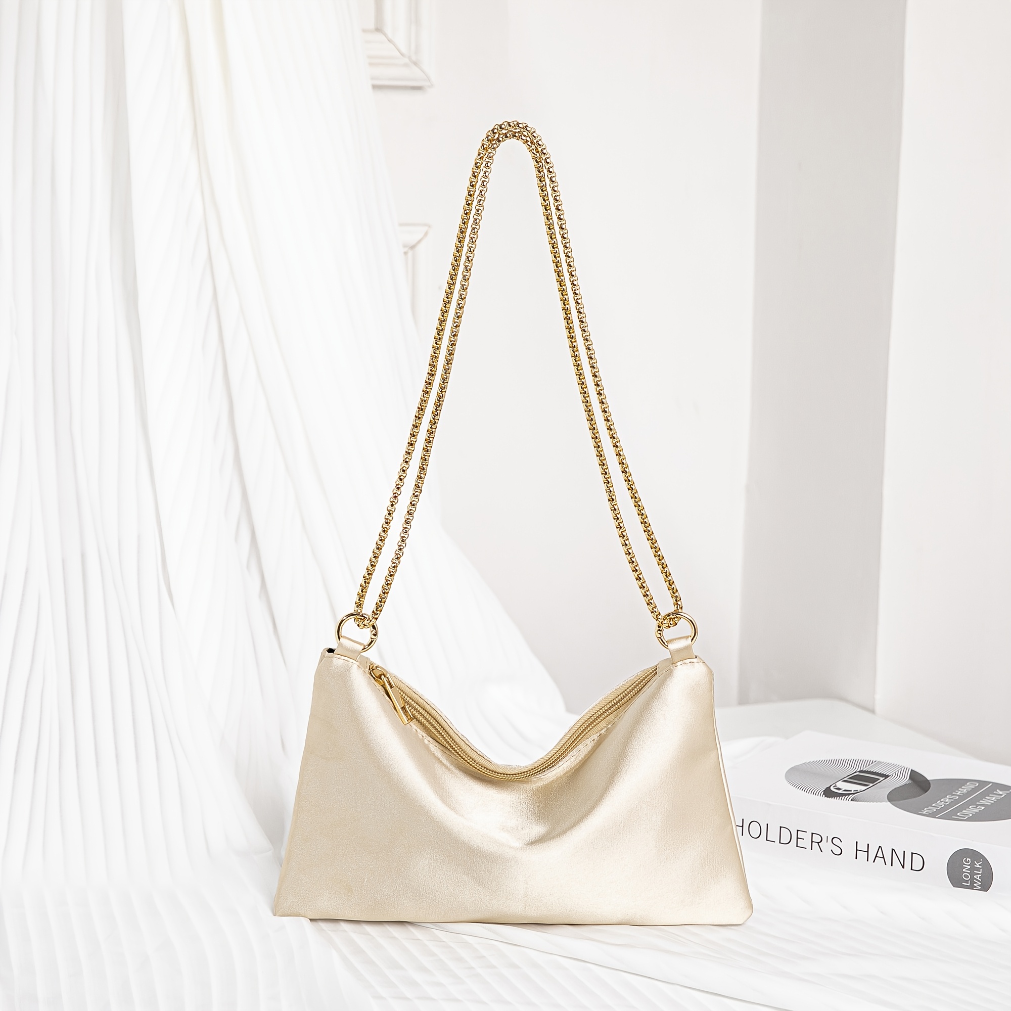 TEMU Lightweight Casual Satin Ring Chain Square Evening Bag, Clutch, , Elegant, Exquisite, Suitable For Party, Ladies, Brides, For Parties, Dinners,