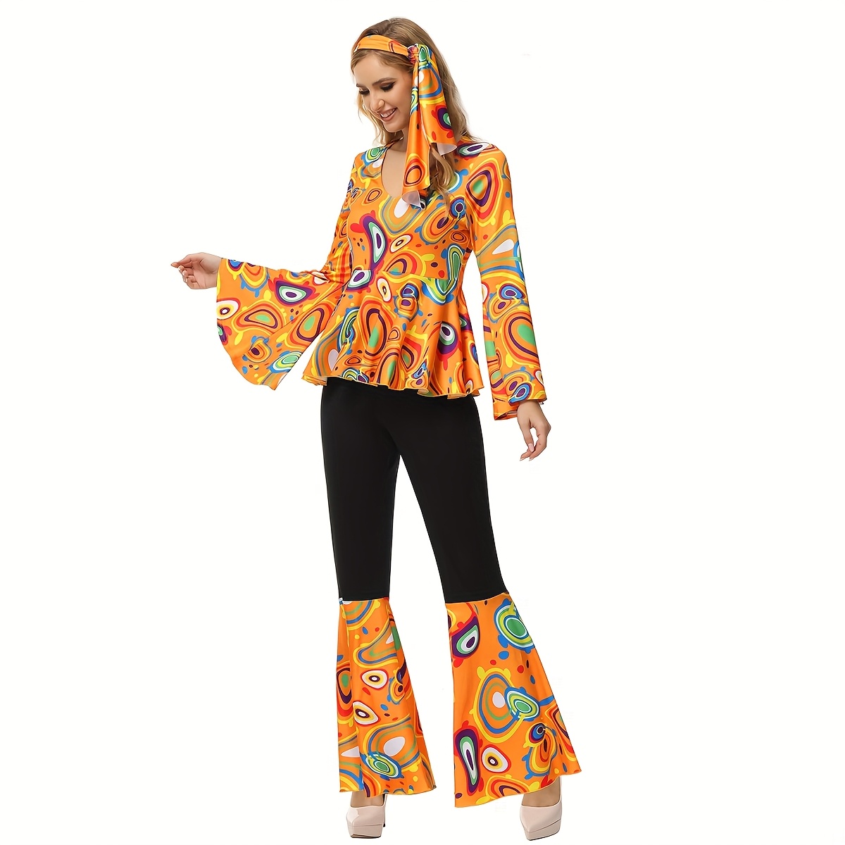 BIQIQI Costume Hippie Années 70 Femme - 6 Pièces, Robe + Accessoires | Pour Soirée Disco, Déguisement, Carnaval