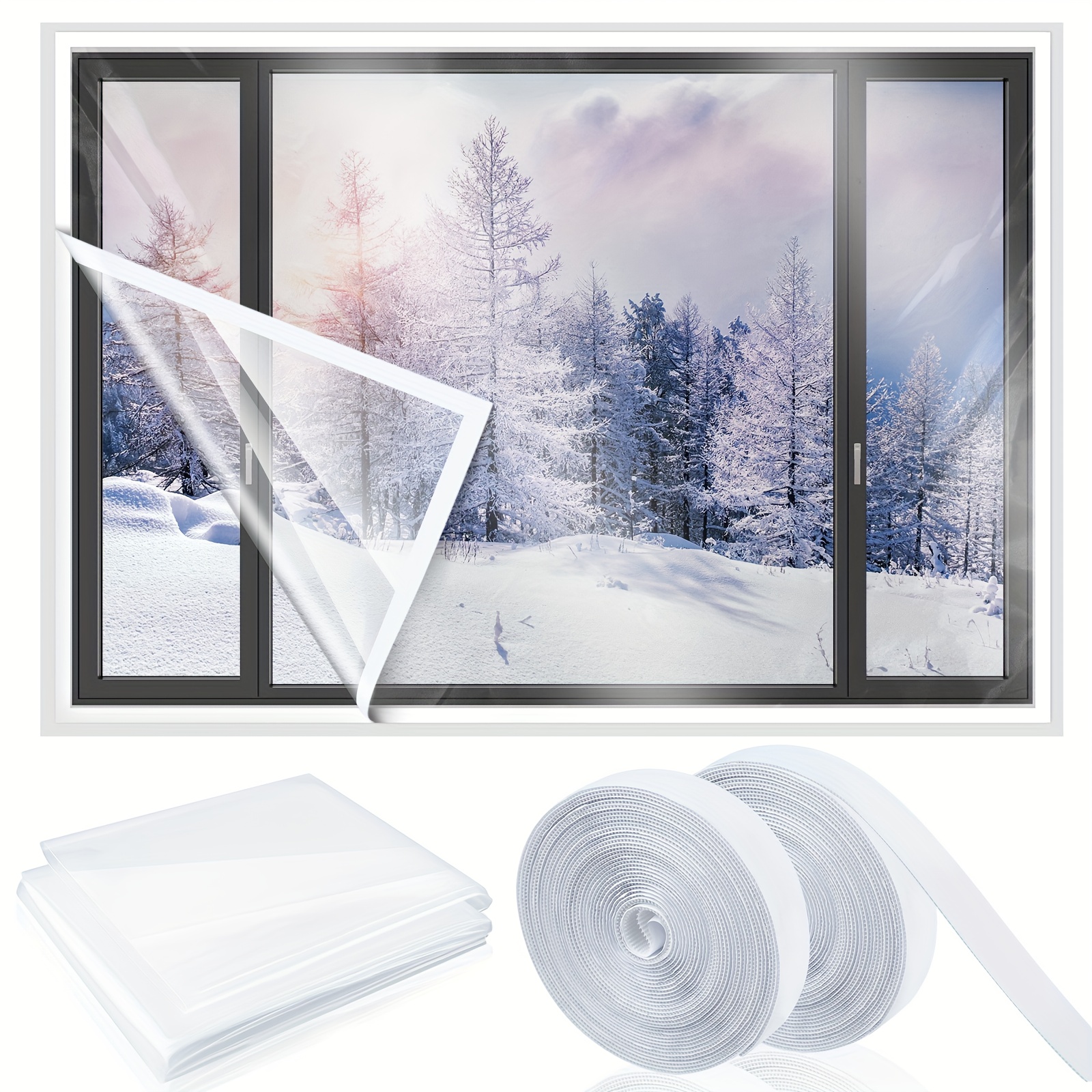 TEMU 3 Pack 47 Inch Adjustable Window Insulation Kit Cuttable Transparent Film With Adhesive Straps Reusable Window Plastic For Winterizing Thickened