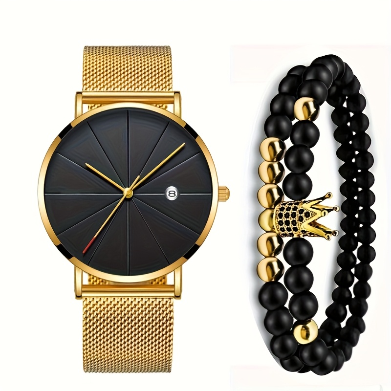 2pcs Set, Luxury Business Fashion Men's Watch Bracelet Jewelry Set