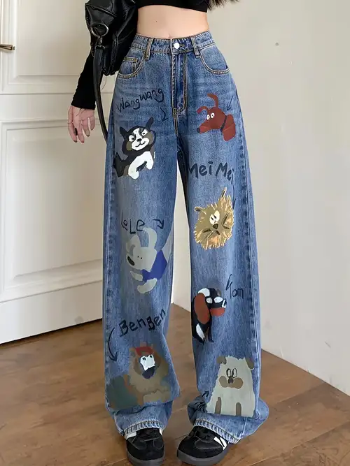 Kids Girls Teens Letter Print High Waist Wide Leg Skinny Loose Jeans Casual  Washed Demin Pants Baggy Trousers