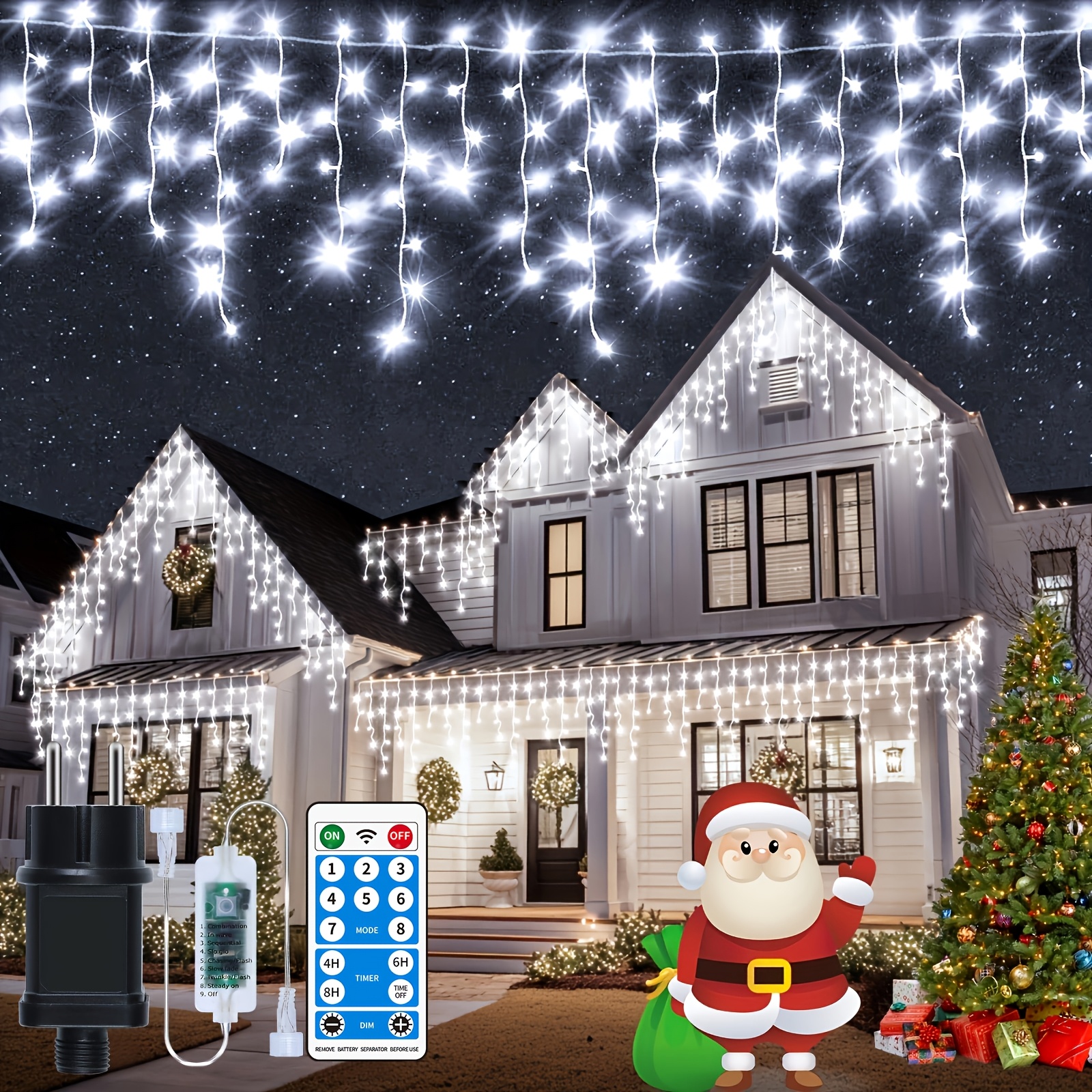 TEMU Guirlande Lumineuse Icicle d'Extérieur 22+ 800LED, Guirlande Lumineuse de Noël à Brancher avec 8 , Minuterie, Télécommande, Clignotante, ,
